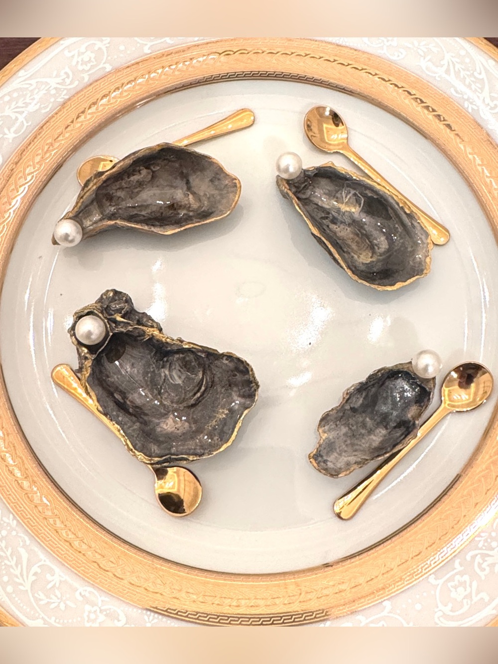 Decorative  genuine Oyster Shell salt cellars  and Gold stainless  Spoons